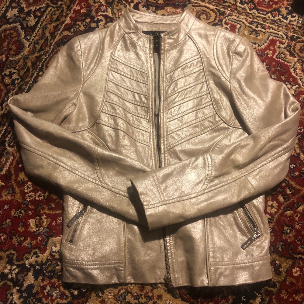Metallic Beige Leather Moto Jacket